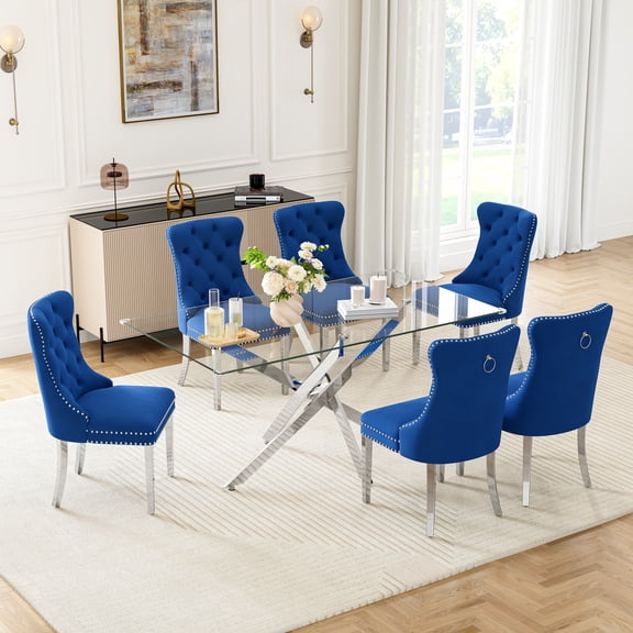 7-Piece Glass Dining Table Set, 63" Tempered Glass Top with Silver Stainless Steel Cross Legs, 6 Velvet Upholstered Tufted Dining Chairs with Pull Ring, for Dining Room, Living Room