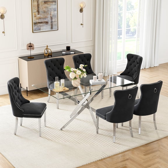 7-Piece Glass Dining Table Set, 63" Tempered Glass Top with Silver Stainless Steel Cross Legs, 6 Velvet Upholstered Tufted Dining Chairs with Pull Ring, for Dining Room, Living Room