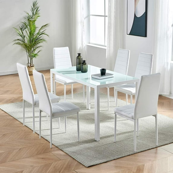 7 Piece Glass Top Rectangular Dining Table and 6 Side Metal Chairs Kitchen Breakfast Furniture
