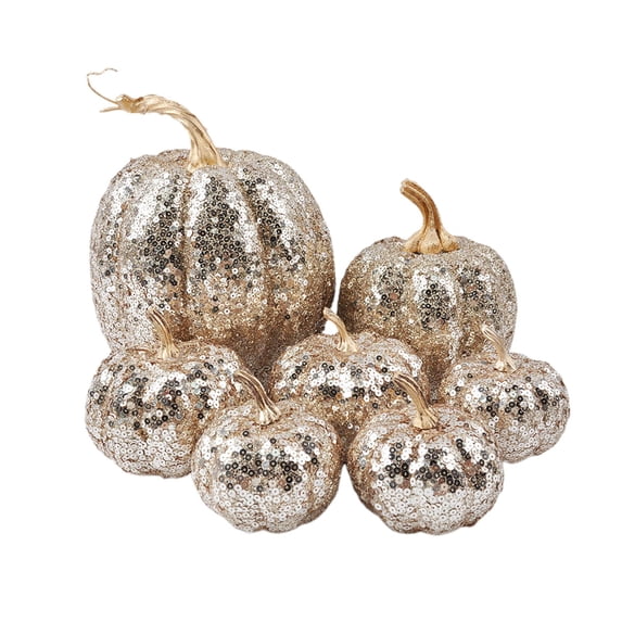 7-Piece Glitter Pumpkin Decor Set – Assorted Sequined Artificial Pumpkins for Fall, Thanksgiving, and Halloween Farmhouse Display (Rose Gold)