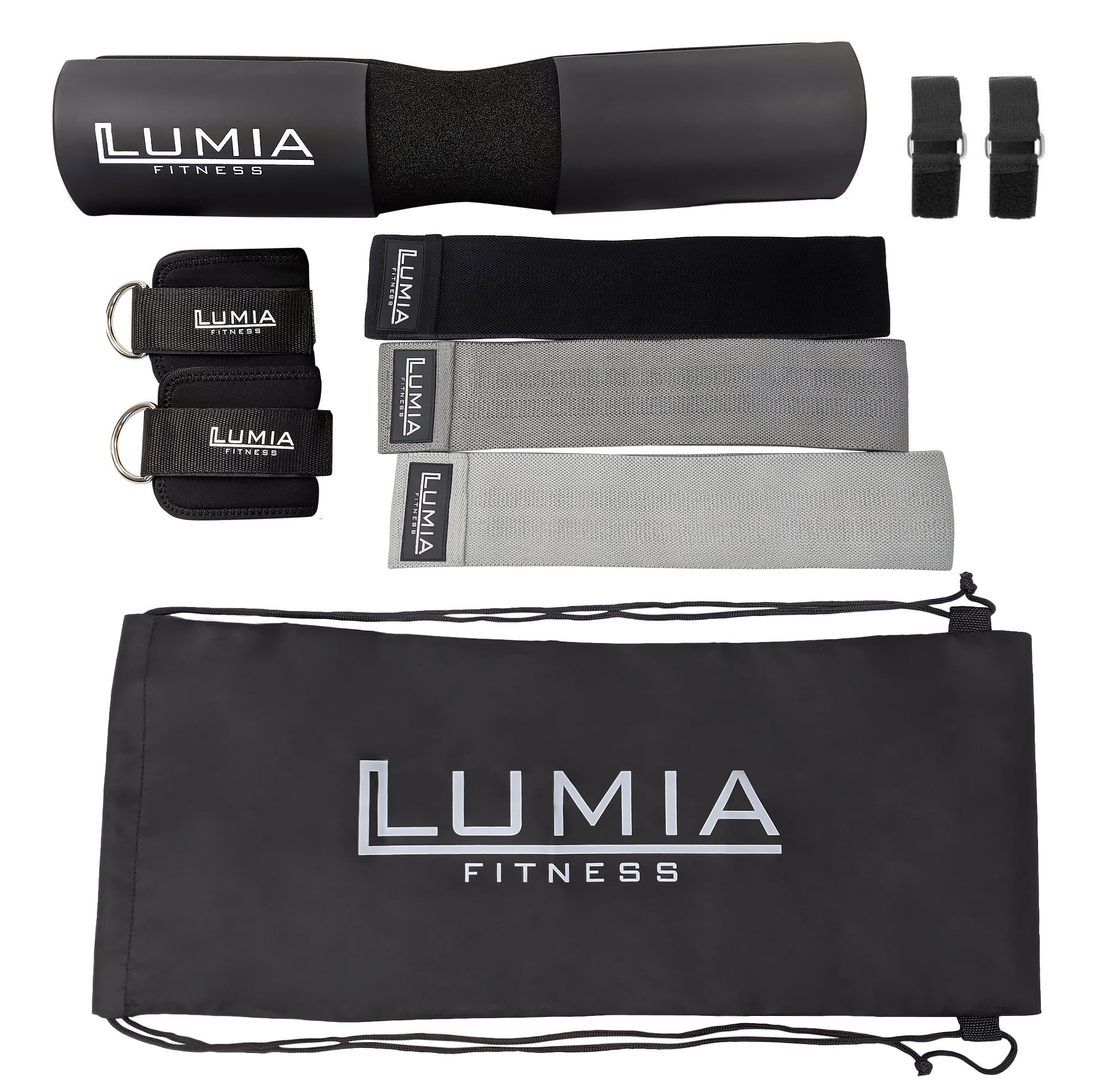 7 Piece Glute Workout Kit, Barbell Squat Pad, 3 Fabric Resistance Bands, 2 Ankle Straps, Carry Bag