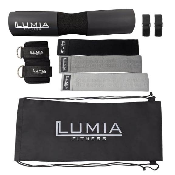 7 Piece Glute Workout Kit, Barbell Squat Pad, 3 Fabric Resistance Bands, 2 Ankle Straps, Carry Bag