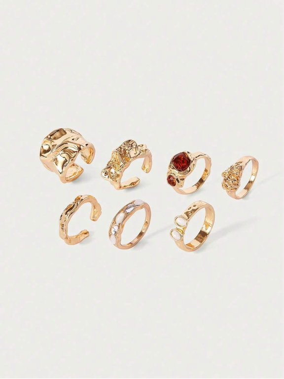 7-Piece Goldtone Vintage Liquid Flow Ring Set For Women, Knuckle Rings With Rhinestones, Retro Style Jewelry