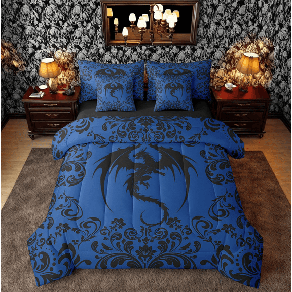 7 Piece Gothic Dragon Full Bedding Set Boho Goth Black Blue Damask Comforter Set With Sheets Teen Men Bohemian Exotic Floral Animal Bed In A Bag Retro Dragon Bed Set