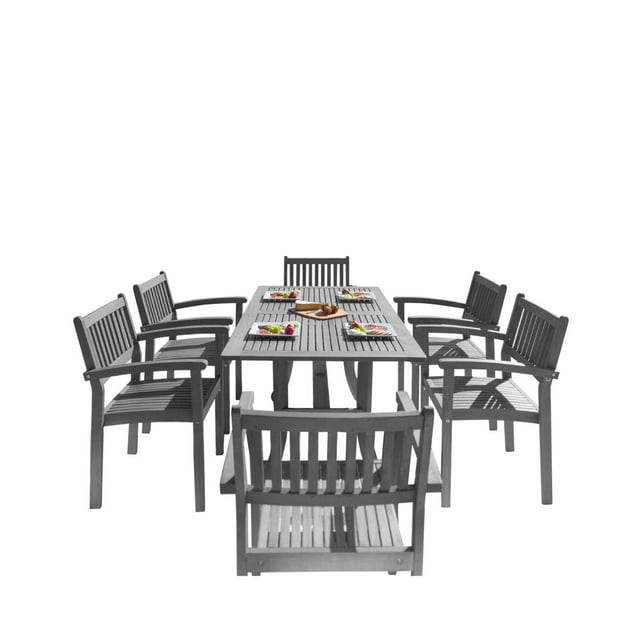7-Piece Gray Hand Scraped Wood Finish Table Outdoor Furniture Patio Dining Set with Curvy Leg Table 59"