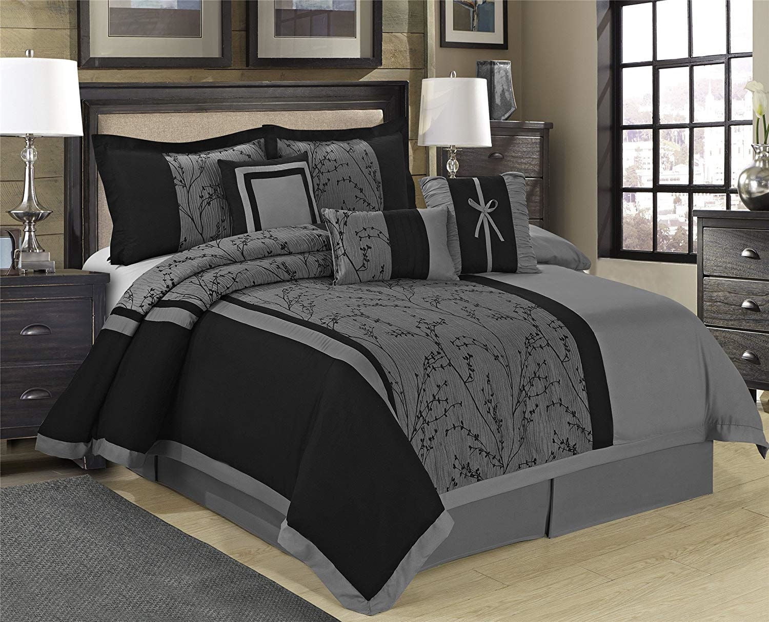 7-Piece Gray Jacquard Patchwork Comforter Set – King Size, All-Season Soft Microfiber Bedding with Comforter, Shams, Bed Skirt & Pillows