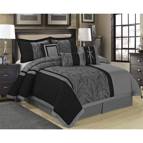 7-Piece Gray Jacquard Patchwork Comforter Set – King Size, All-Season Soft Microfiber Bedding with Comforter, Shams, Bed Skirt & Pillows