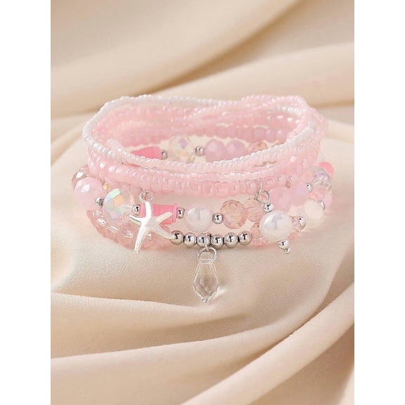 7-Piece Gray+Pink Bohemian Starfish Beaded Multilayer Wrap Bracelet Set For Women