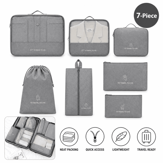 7-Piece Gray Travel Packing Cubes, Luggage Organizer Bags