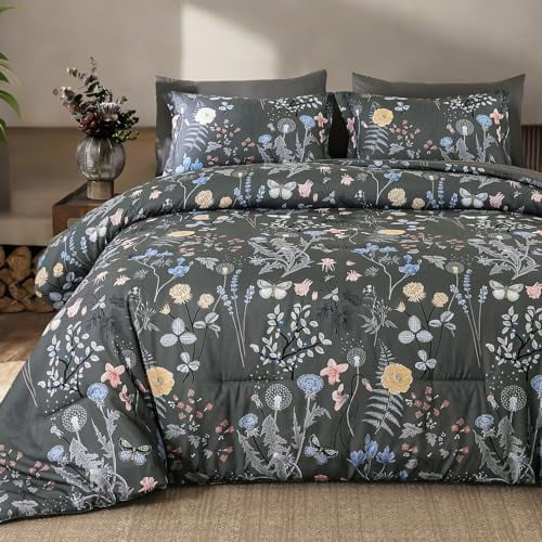 7 Piece Grey Floral Comforter Set King Size, Botanical Flowers Bed in a Bag King, Soft Microfiber Complete Bedding Set with Sheets for All Season