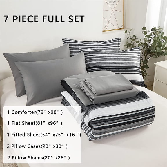 7 Piece Grey Striped Comforter Set with Microfiber Fabric