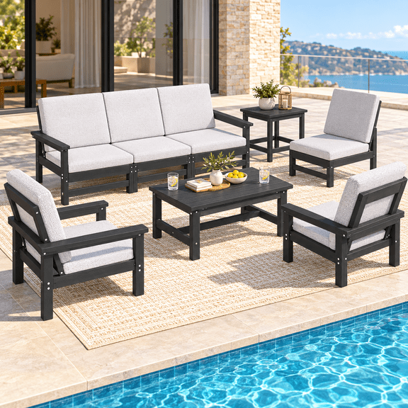 7-Piece HDPE Patio Furniture Set, All-Weather Outdoor Sectional Sofa, Coffee Table & Cushions, Gray