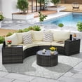 thumbnail image 1 of 7-Piece Half-Moon Curved Sectional Sofa Set with 2 Side Tables & Glass-Top Coffee Table, Weather-Resistant PE Wicker Patio Furniture for Poolside Backyard Patios, Beige Cushions, 1 of 9