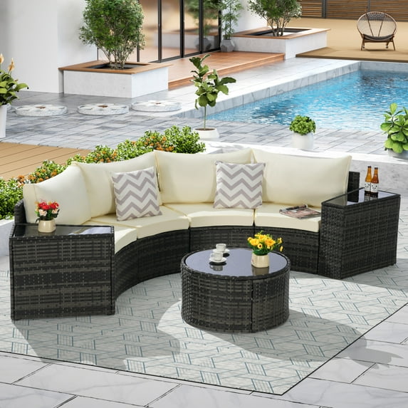 7-Piece Half-Moon Curved Sectional Sofa Set with 2 Side Tables & Glass-Top Coffee Table, Weather-Resistant PE Wicker Patio Furniture for Poolside Backyard Patios, Beige Cushions