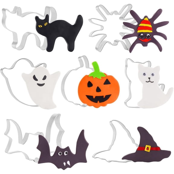 7-Piece Halloween Cookie Cutter Set – Stainless Steel Baking Molds, Bat, Pumpkin, Witch's Hat, Spider, Ghost & Cat Designs for Holiday Cookies, Pancakes & Party Decor