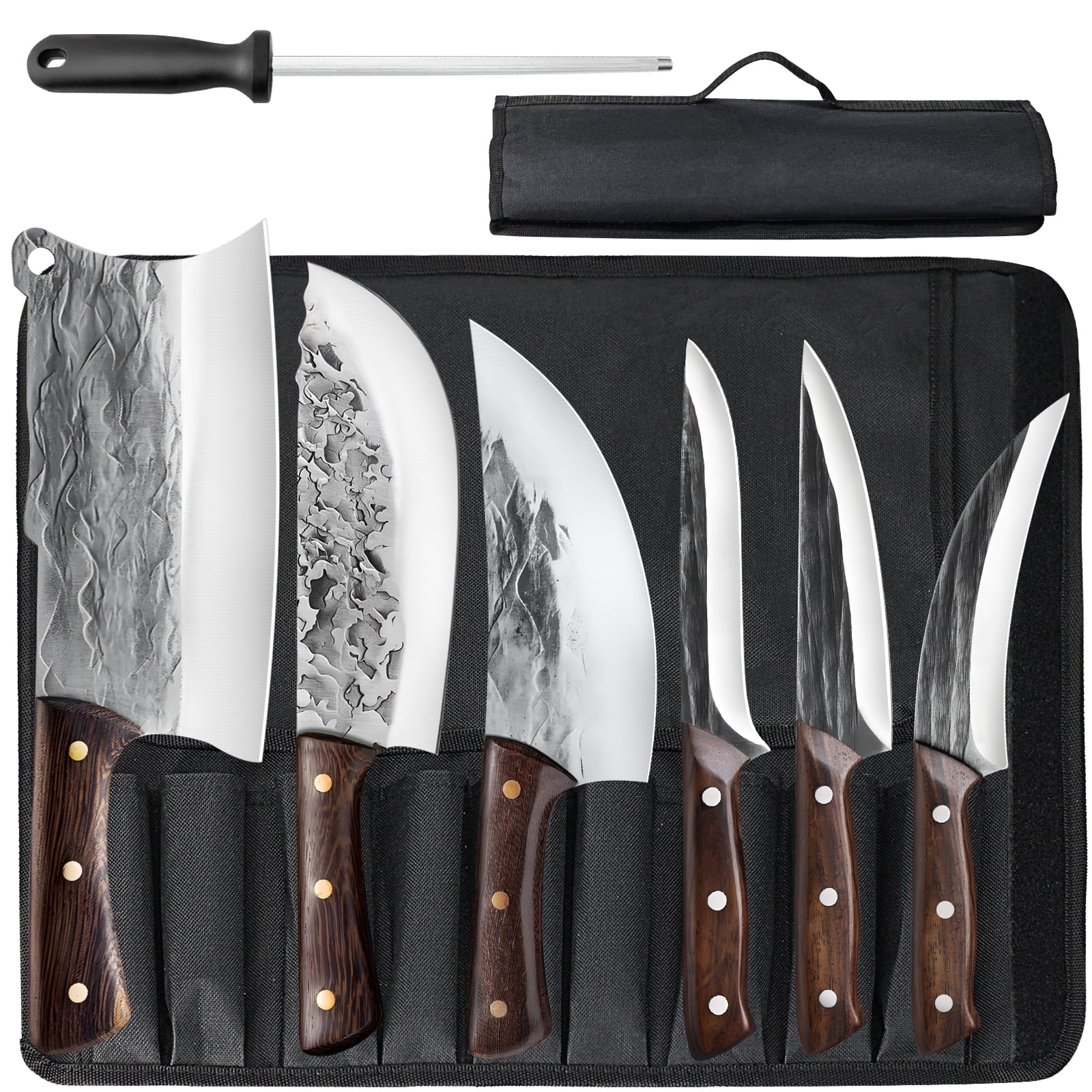 MDHAND 7-Piece Hand-Forged Butcher Knife Set, Stainless Steel, Cloud Pattern, Walnut Handle, Kitchen Knives with Sharpening Rod