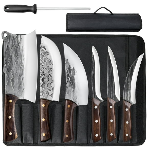 MDHAND 7-Piece Hand-Forged Butcher Knife Set, Stainless Steel, Cloud Pattern, Walnut Handle, Kitchen Knives with Sharpening Rod