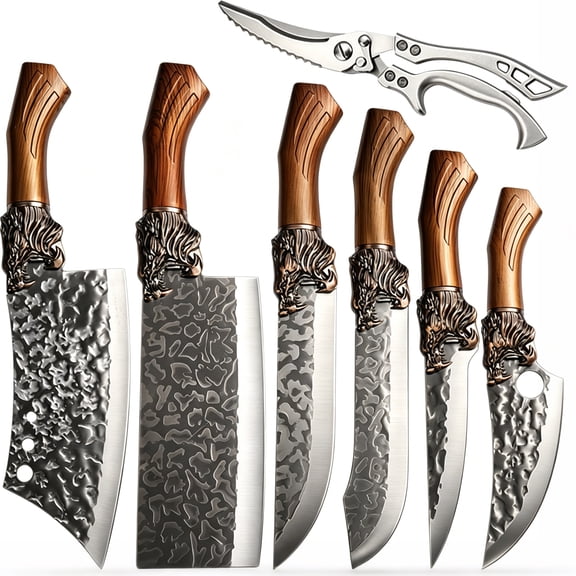 7-Piece Hand Forged Kitchen Knife Set with Shears, Hammer Pattern High Carbon Steel Knives, Ultra Sharp Full Tang Butcher Knife Set for Home Cooking