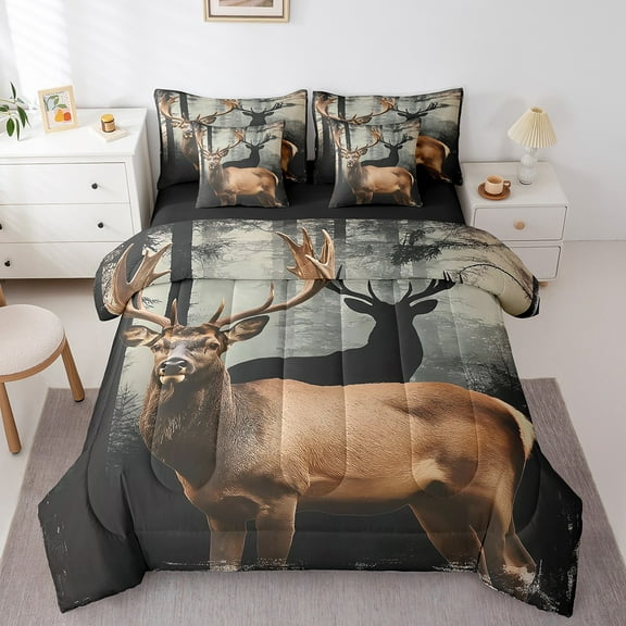 Erosebridal 7 Piece Hunting Deer Bedding Set Twin Size,Animal Bed In A Bag For Adult Women Teen,Wildlife Elk Comforter Set With Sheets 3D Animal Deer Bed Set Western Farmstyle Sheets