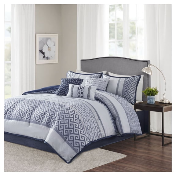 7 Piece Jacquard Comforter Set - Queen Size - Traditional Geometric Design - Includes Shams, Bed Skirt & Pillows - Hypoallergenic Polyester Fill