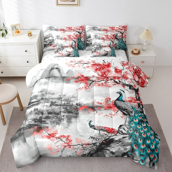 7 Piece Japanese King Bedding Set Women,Cherry Blossom Peacock Bed In A Bag With Sheets,Ink Painting Branches Mountain Comforter Set,Aesthetics Floral Animal Bird Bed Set