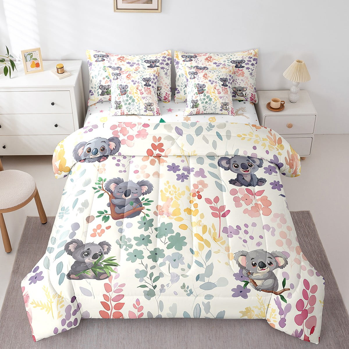 7 Piece Kawaii Koala King Bedding Set,Cute Colorful Floral Comforter Set with Sheets,Watercolor ...