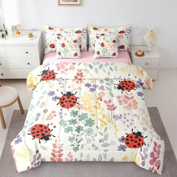 7 Piece Ladybug Twin Bedding Set,Cute Reptile Ladybug Bed Set with Sheets,Colorful Floral Bed in a Bag Nature Country Flower Bed Comforter Set with Fitted+Flat Sheet+Pillowcases
