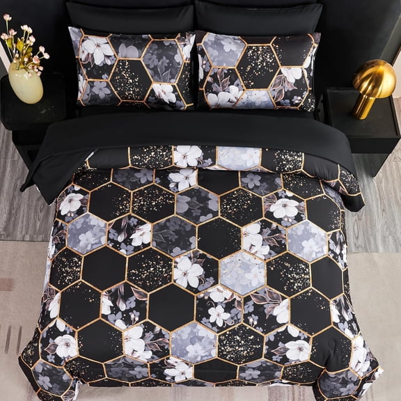 7-Piece King Comforter Set Black Floral Geometric Bed in a Bag with Sheets Soft Microfiber All Season