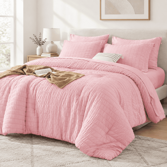 7 Piece King Seersucker Bed-in-a-Bag Set, 02 - Pink, King (104"x90")