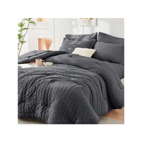 7 Piece King Size Comforter Set Seersucker All Season Luxury Bed In A Bag For Bedroom Bedding Set With Comforters Sheets Pillowcases Shams Dark Grey