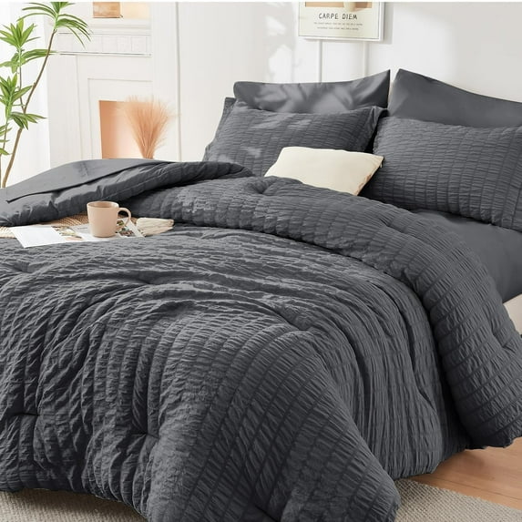 7 Piece King Size Comforter Set Seersucker, All Season Luxury Bed in a Bag for Bedroom, Bedding Set with Comforters, Sheets, Pillowcases & Shams, Dark Grey