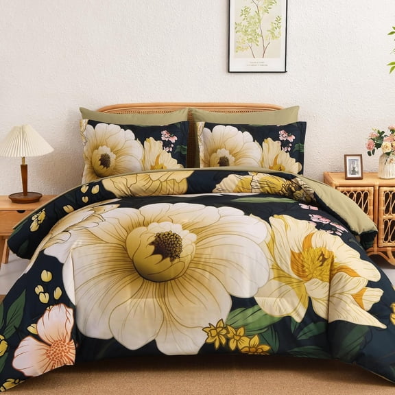 7-Piece King Size Dark Green Floral Comforter Set, Lightweight Boho Bed in a Bag