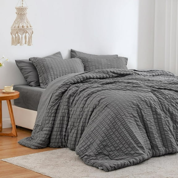 7-Piece King Size Dark Grey Seersucker Comforter Set, All Season Soft Breathable Lightweight Bedding with Comforter, Sheets, Pillowcases & Shams