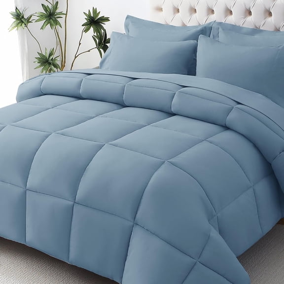 7-Piece King Size Ultra-Soft Comforter Bed in a Bag Set with Down Alternative Filling, Dusty Blue