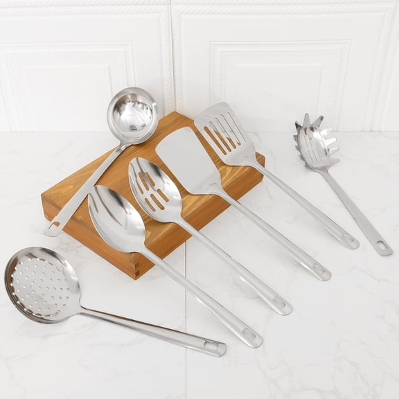 7-Piece Kitchen Cooking Utensils Set, Stainless Steel Kitchen Utensils with Suspendable Handle, Solid Spoon, Slotted Spoon, Spatula, Slotted Turner, Big Slotted Spoon, Big Soup Ladle, Pasta Server
