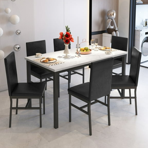 7 Piece Kitchen Dining Table & Chair Set, Dining Room Table Set with Faux Marble Tabletop PU Leather Padded Chairs, Rectangle Dining Table Set for 6, Dinette Set for Kitchen Dining Room Small Space