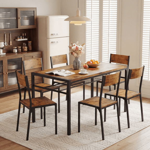 7-Piece Kitchen Dining Table Set, MDF Wood Kitchen Table and Chairs for 4-6 People with Storage Rack, for Small Space, Apartment, Space-Saving, Patio - Rustic Brown