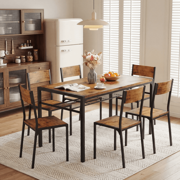 7-Piece Kitchen Dining Table Set, MDF Wood Kitchen Table and Chairs for 4-6 People with Storage Rack, for Small Space, Apartment, Space-Saving, Patio - Rustic Brown