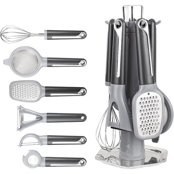 7-Piece Kitchen Gadget Set, Stainless Steel Cooking Utensils Set, with A Sleek Storage Stand, with Holder, Includes Peeler, Grater, Whisk, Bottle Opener, Strainer