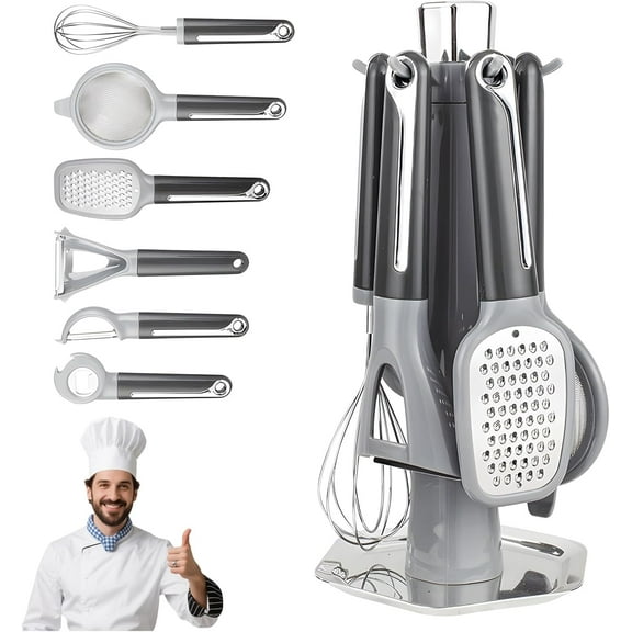 7-Piece Kitchen Gadget Set, Stainless Steel Cooking Utensils Tools with Holder, Includes Peeler, Grater, Whisk, Bottle Opener, Strainer, Ice Cream Scoop and a Convenient Holder (Gray)