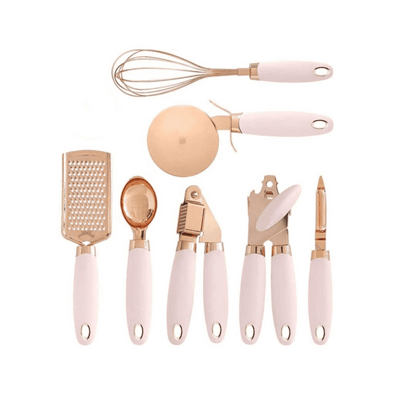 7-Piece Kitchen Gadgets Set Copper Coated Stainless Steel Utensils with Soft Touch Handles, Garlic Press Whisk Cheese Grater(Black)