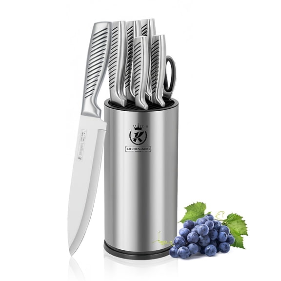 7 Piece Kitchen Knife Set with Anti-Slip Handles and Universal Block, Sharp Stainless Steel Blades for Professional Cutting, Apartment Essentials (Silver)