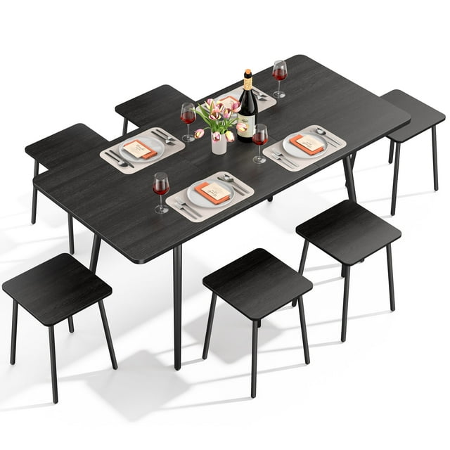 7Piece Kitchen Table Set, Dining Table Set with 6 Stools, Black