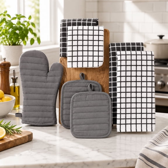 7-Piece Kitchen Textile Set, 2 Kitchen Towels, 2 Dishcloths, 2 Quilted Pot Holders & 1 Oven Mitt, Soft Absorbent Cooking and Cleaning Set