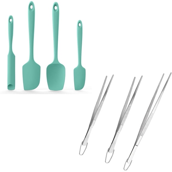 7 Piece Kitchen Utensil Set 600F Silicone Spatulas And Stainless Steel Cooking Tweezers Pointed Tip Aqua Sky