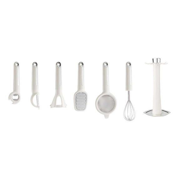 7-Piece Kitchen Utensils Set with Rotating Storage Stand, Multi Functional Cooking Gadgets Includes Stainless Steel Whisk, Grater, Bottle Opener, Strainer, Ideal for Home, Apartment, RV Essentials