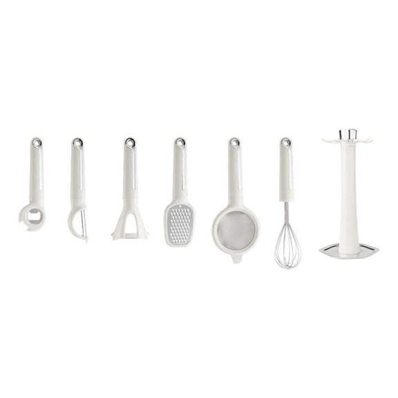 7-Piece Kitchen Utensils Set with Rotating Storage Stand, Multi Functional Cooking Gadgets Includes Stainless Steel Whisk, Grater, Bottle Opener, Strainer, Ideal for Home, Apartment, RV Essentials