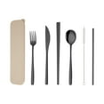 thumbnail image 1 of 7-Piece Korean Stainless Steel Cutlery Set - Knife Fork Spoon Chopsticks Straw Brush Storage Bag for Camping Travel 9.76x2.28in(Black), 1 of 6