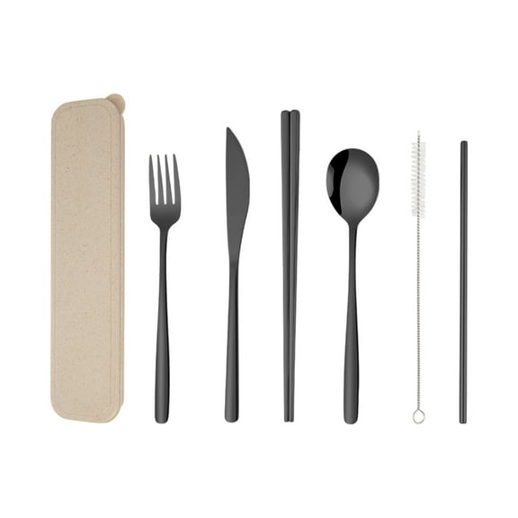 7-Piece Korean Stainless Steel Cutlery Set - Knife Fork Spoon Chopsticks Straw Brush Storage Bag for Camping Travel 9.76x2.28in(Black)
