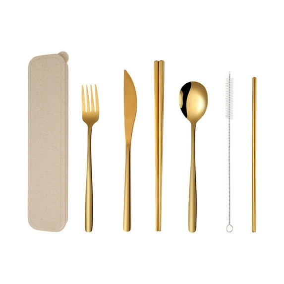 7-Piece Korean Stainless Steel Cutlery Set - Knife Fork Spoon Chopsticks Straw Brush Storage Bag for Camping Travel 9.76x2.28in(Gold)